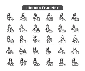 Minimalist Woman Travel Icons: Black & Line Art Trolley Bags