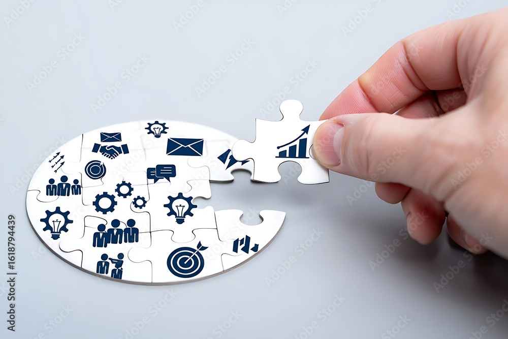 Poster hand placing the final puzzle piece completing a circular diagram filled with business and technolog
