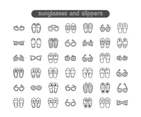 Minimalist Beach Icons: Black & Line Art Sunglasses and Slippers