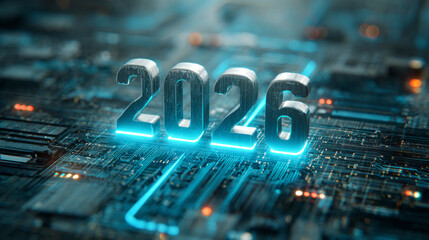 Futuristic metallic numbers "2026" glow above a digital circuit board, symbolizing advanced technology, innovation, and next-generation computing. ai generative
