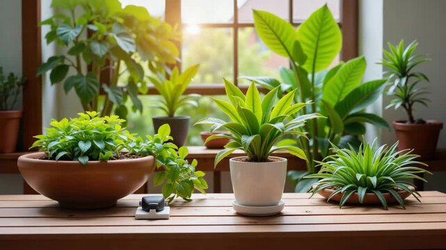 Smart plant sensor in a pot among lush greenery indoors  