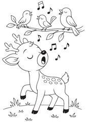 Coloring book deer singing with birds on a tree branch.