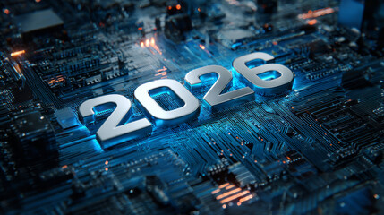 Metallic 2026 numbers displayed on a glowing blue microchip surface, symbolizing futuristic digital innovation and advancing technology. ai generative