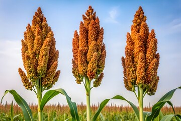 Three mature sorghum plants with goldenbrown seed heads stand tall in a field under a bright blue sky with scattered clouds
