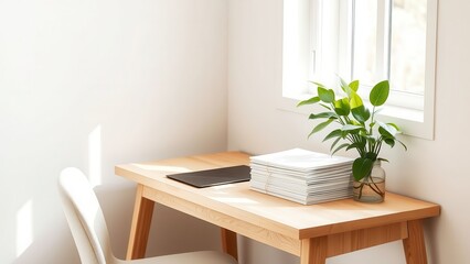 Fototapeta premium Stack of papers and plant on sunlit desk 
