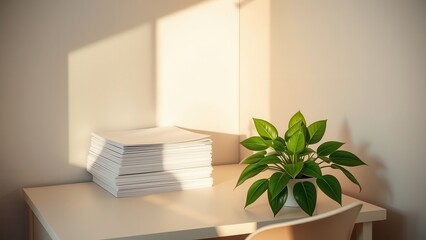 Stack of papers and plant on sunlit desk
