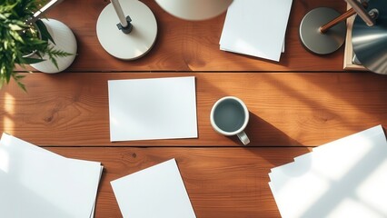 Warm desk scene with notebook, coffee, and lamp
