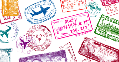  A collage of various passport stamps from different countries, including criss-crossed and overlapping stamps in reds, blues, greens, and black ink on a white paper background