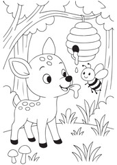 Coloring book deer looking at a beehive hanging from a tree.