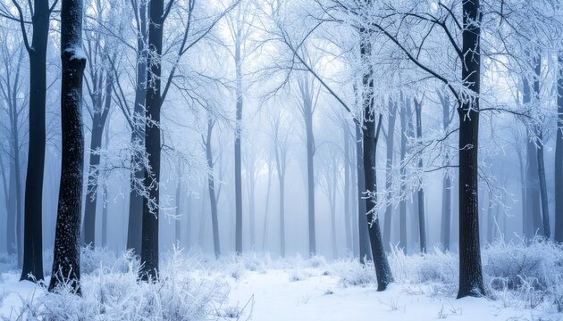 A serene winter forest scene with snow-covered trees and a path.