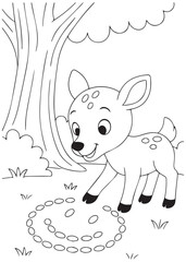 Coloring book deer playing ring toss with small hoops.