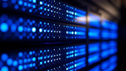 Obraz premium Close-up of glowing blue server rack lights creating an abstract technological pattern on a dark background.
