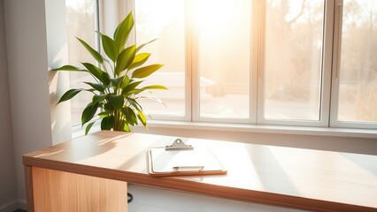 Bright minimalist office desk with clipboard and plant
