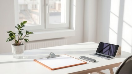 Bright minimalist office desk with clipboard and plant
