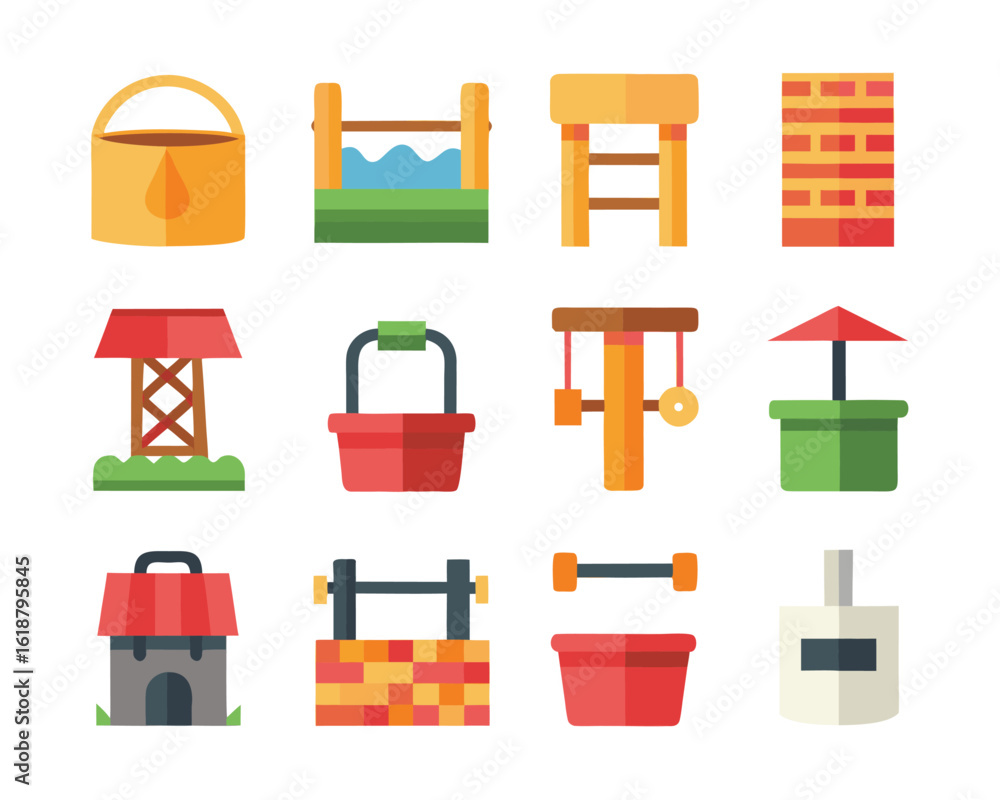 Poster collection of diverse water well illustrations showcasing multiple artistic styles and color palette