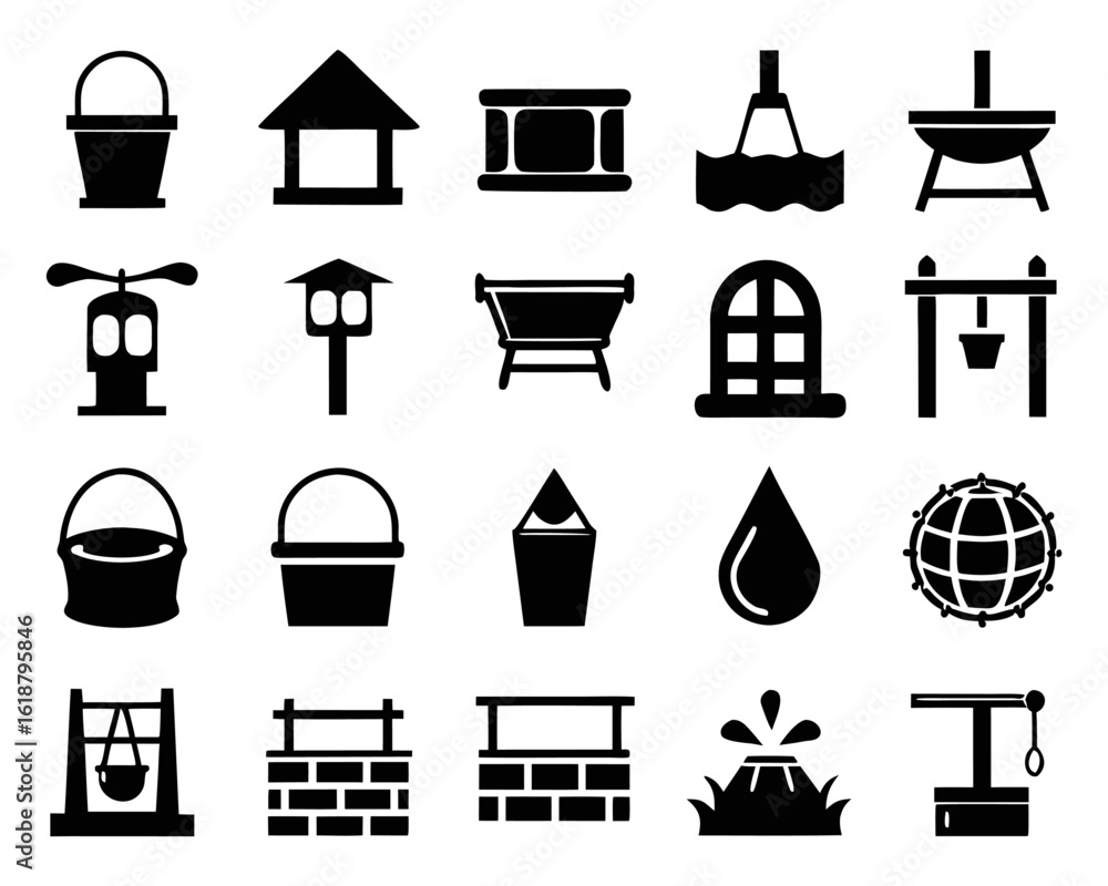 Poster collection of diverse water well graphics showcasing multiple artistic styles and color palettes for