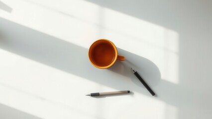 Orange coffee cup and pen on sunlit desk
