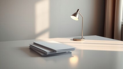 Bright minimalist office desk with lamp and folders
