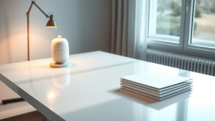 Bright minimalist office desk with lamp and folders
