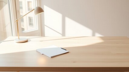 Bright minimalist office desk with lamp and folders
