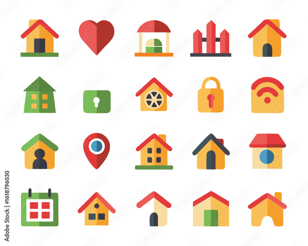 Aufkleber collection of modern flat icons for digital applications and web platforms featuring home and essent