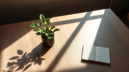 Sunlit desk with open notebook and plant
