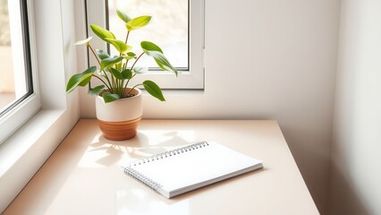 Minimalist desk with notebook and potted plant
