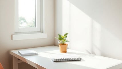 Minimalist desk with notebook and potted plant
