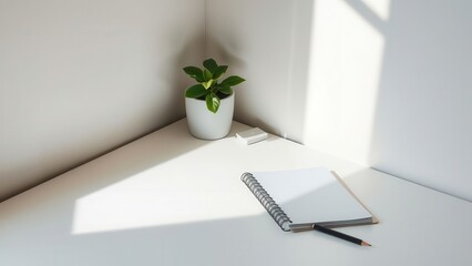 Minimalist desk with notebook and potted plant
