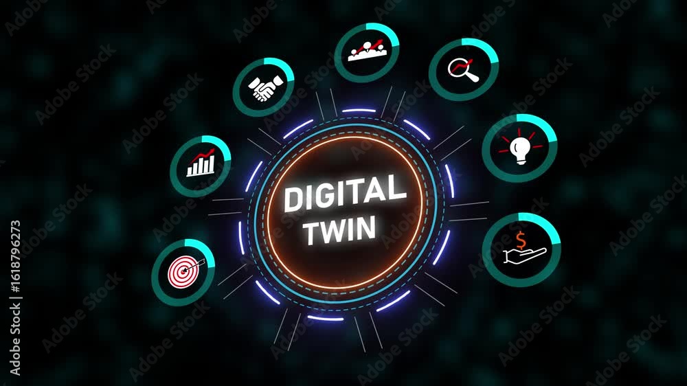 Poster digital technology animation futuristic interface innovation growth strategy success. digital twin t