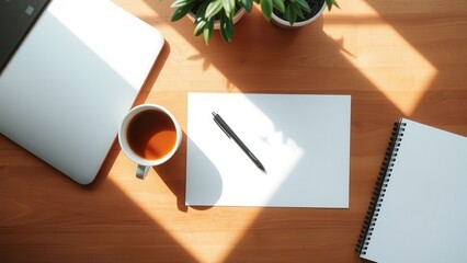 Creative writing workspace with papers and coffee
