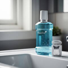 dental care products in a clean, bright bathroom, emphasizing hygiene and oral health