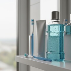 dental care products in a clean, bright bathroom, emphasizing hygiene and oral health
