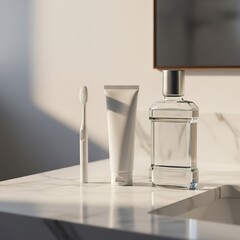 dental care products in a clean, bright bathroom, emphasizing hygiene and oral health