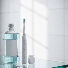 dental care products in a clean, bright bathroom, emphasizing hygiene and oral health