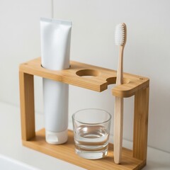 dental care products in a clean, bright bathroom, emphasizing hygiene and oral health