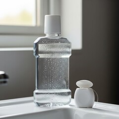 dental care products in a clean, bright bathroom, emphasizing hygiene and oral health