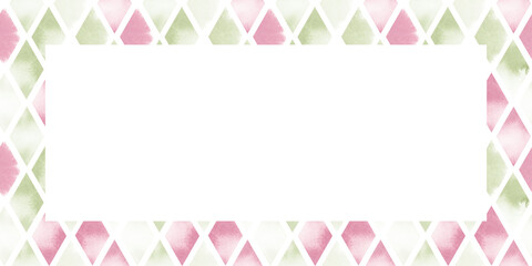 Rhombus frame in green and pink watercolor illustration. Postcard template made of geometric elements in pastel color. Minimalistic abstract background for invitation, banner
