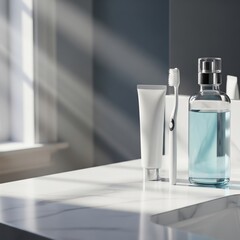 dental care products in a clean, bright bathroom, emphasizing hygiene and oral health