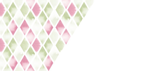 Rhombus frame in green and pink watercolor illustration. Horizontal banner template with pastel geometric elements. Minimalistic abstract background for invitation, greeting card
