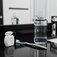 dental care products in a clean, bright bathroom, emphasizing hygiene and oral health