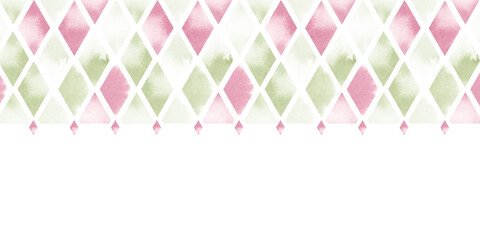 Rhombus frame in green and pink watercolor illustration. Horizontal banner template with pastel geometric elements. Minimalistic abstract background for invitation, greeting card