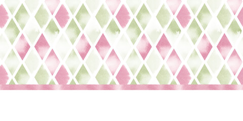 Rhombus frame in green and pink watercolor illustration. Horizontal banner template with pastel geometric elements. Minimalistic abstract background for invitation, greeting card