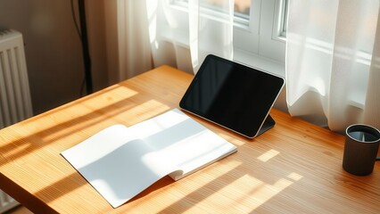 Tablet and open notebook on sunlit desk
