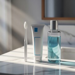 dental care products in a clean, bright bathroom, emphasizing hygiene and oral health