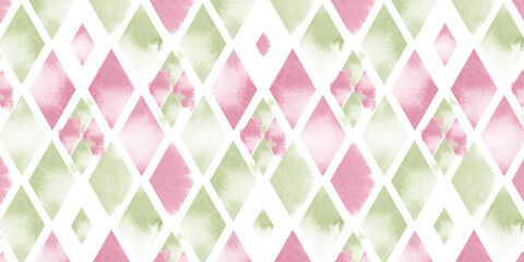 Pattern of rhombuses in green and pink colors watercolor illustration. Ornament of rhombuses in delicate spring colors. White diagonal grid on watercolor spots. Geometric abstract background