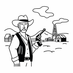 Vector art of cowboy gunfight sheriff wild west oil derrick texas ranger gunslinger outlaw marshal pistol duel drawing art vector illustration