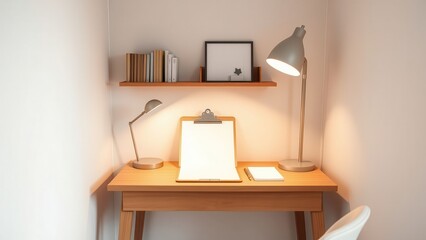 Cozy minimalist study nook with clipboard and lamps
