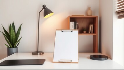 Cozy minimalist study nook with clipboard and lamps

