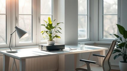 Modern home office desk with computer and plants
